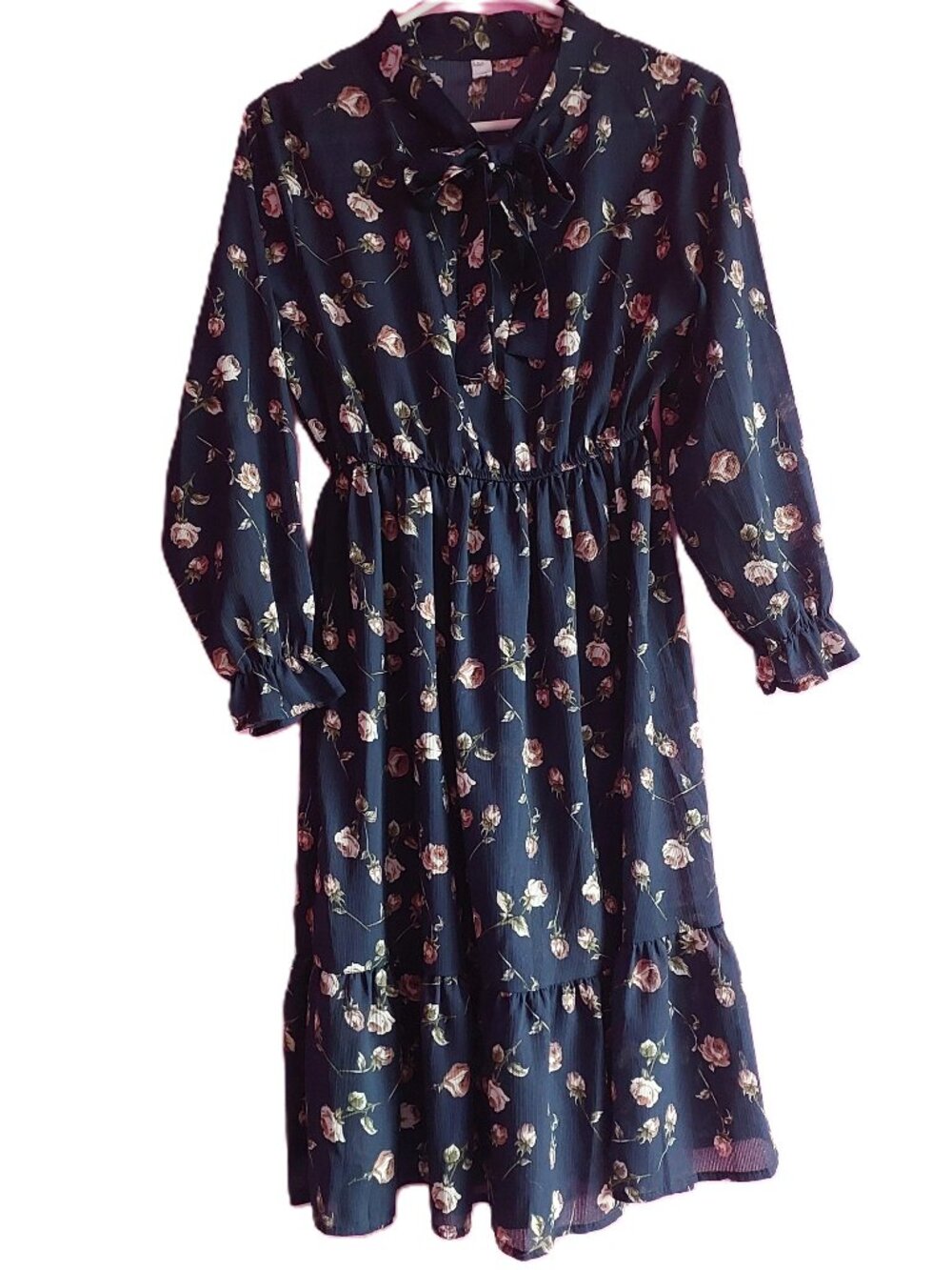 All over print long sleeves Autumn dress vintage style dress. Navy Blue.